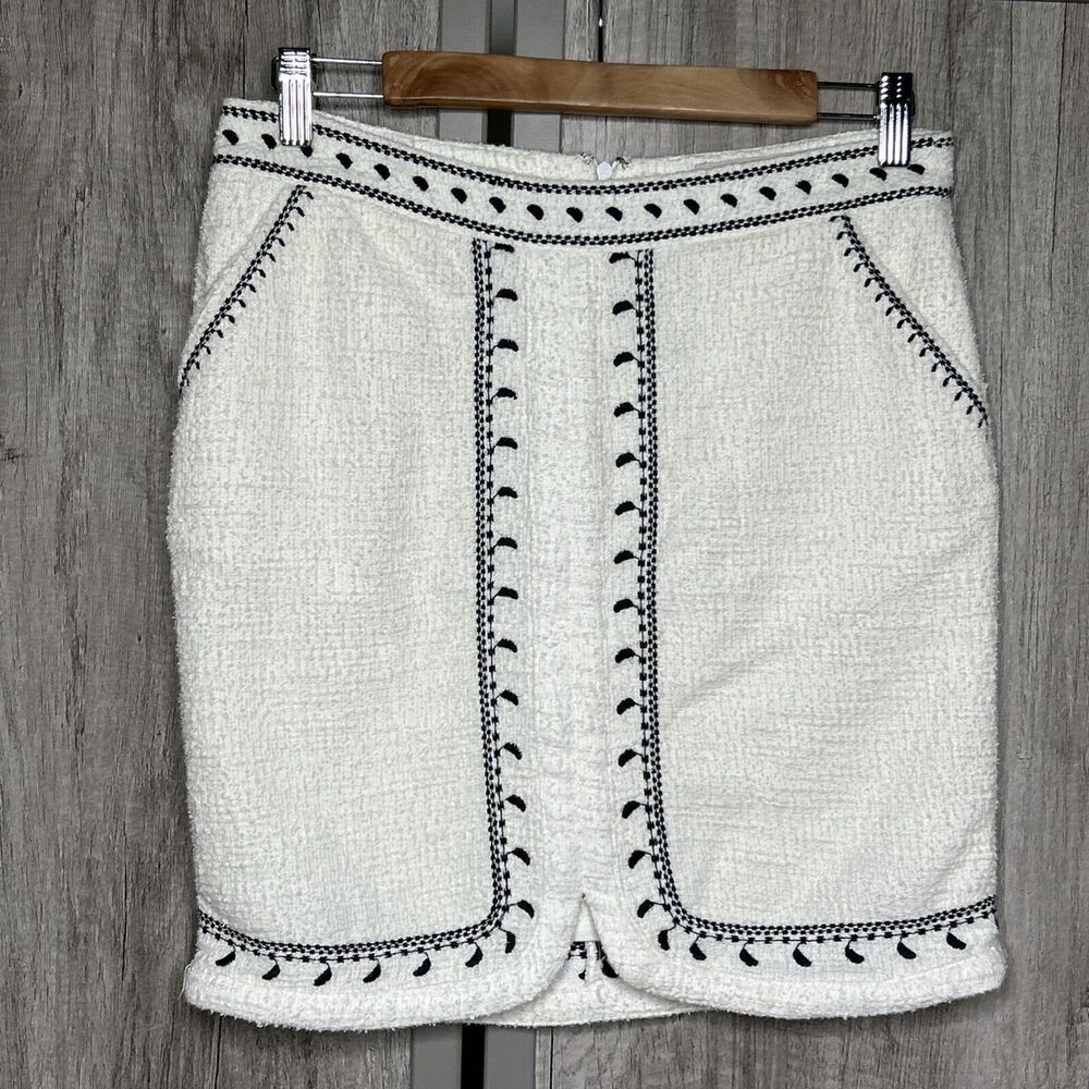 Anthropologie Dolan White Mini Skirt Black Embroidery Pockets Textured Size S